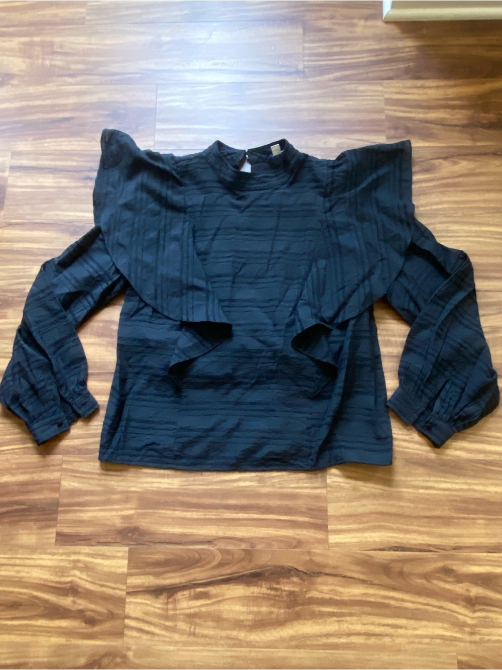 Allison Joy Black Textured Ruffle-Detail Blouse